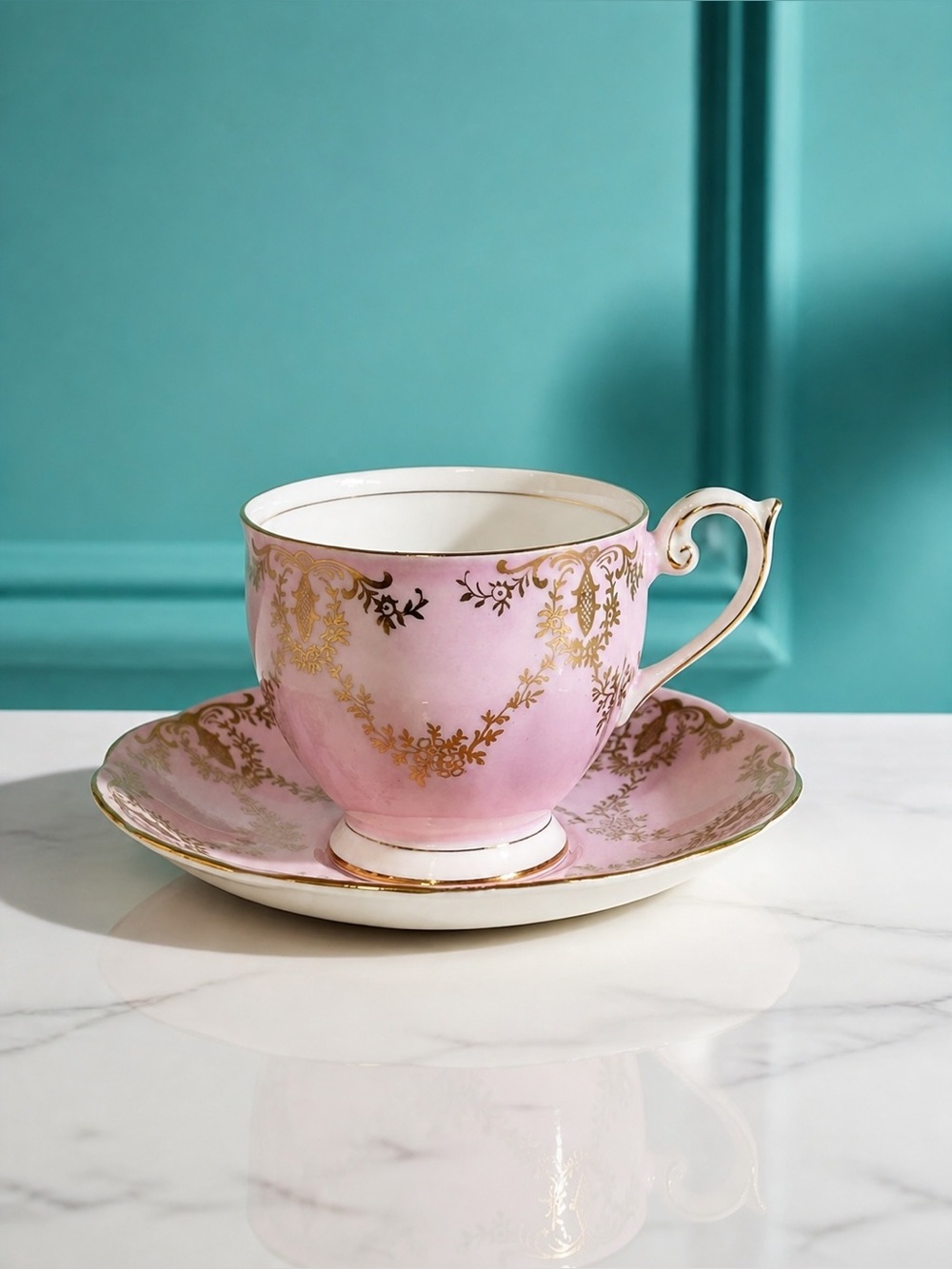 Vintage Queen Anne Pink and Gold Scroll Tea Cup and Saucer